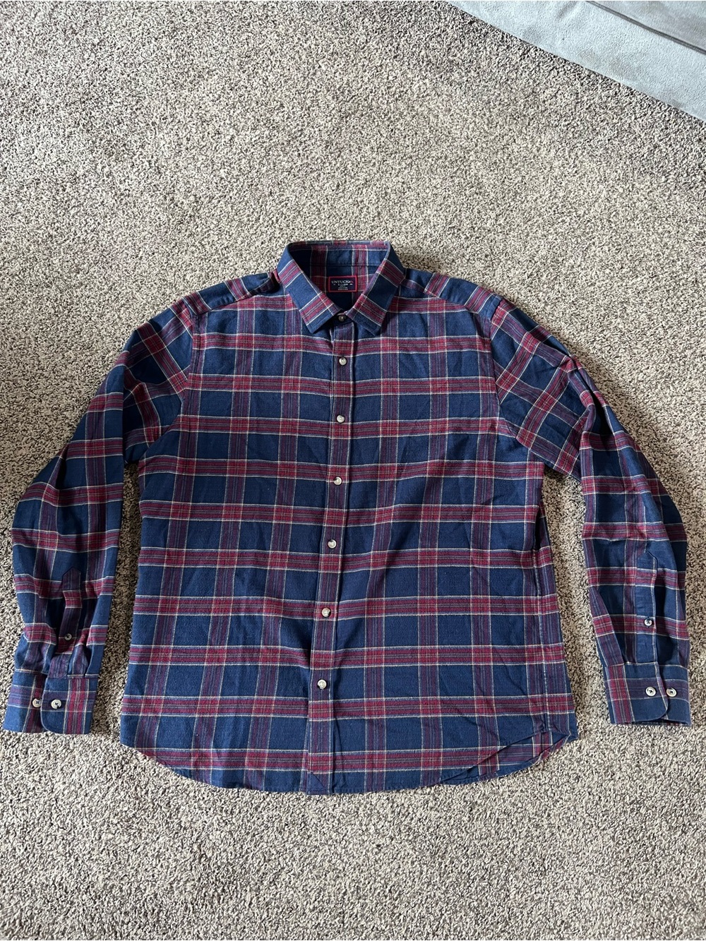 Untuckit Mens XL Slim Fit Navy Blue Red Long Sleeve Shirt Flannel Cotton